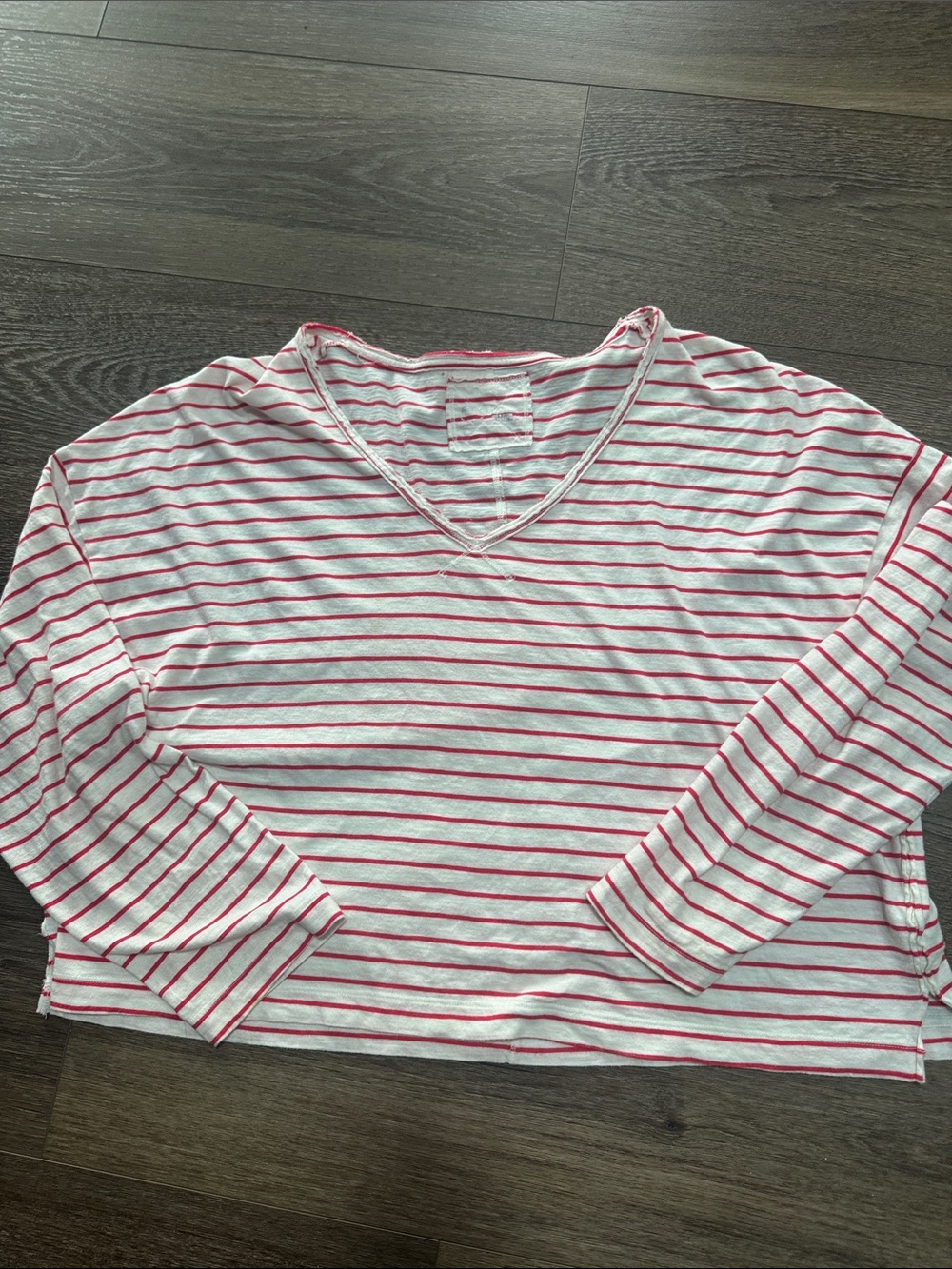 aerie White and Pink Striped Long Sleeve V-Neck Tee nautical